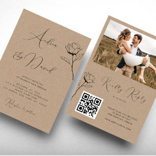 Convite Rustic Kraft Look Drawn Rosa QR Code RSVP Casament