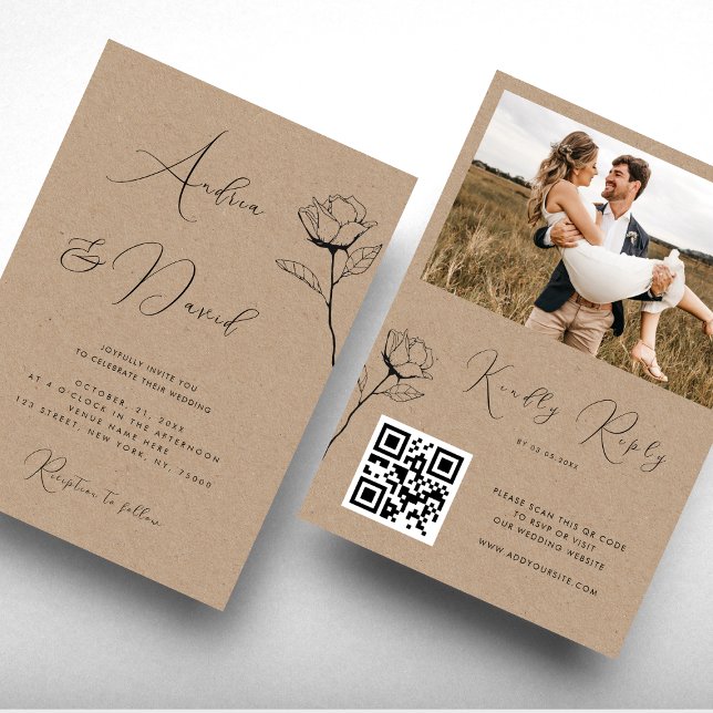 Convite Rustic Kraft Look Drawn Rosa QR Code RSVP Casament (Criador carregado)
