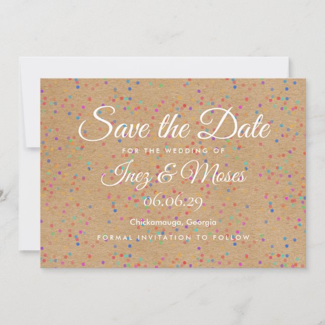 Convite Rustic Kraft Rainbow Confetti Salvar a Data (Frente)