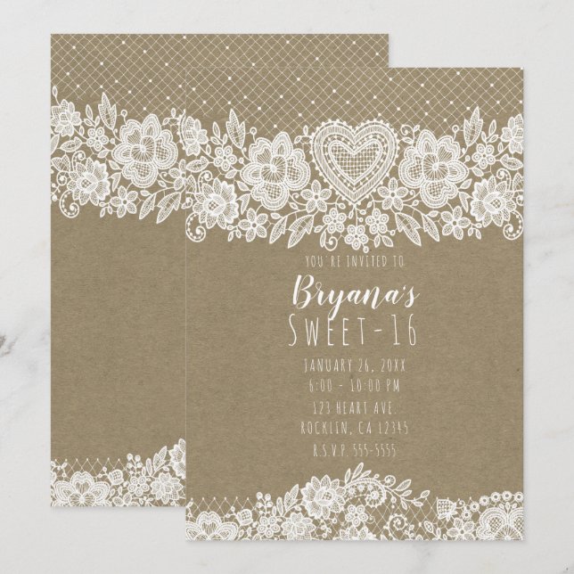 Convite Rustic Kraft  Renda Farmhouse Aniversário de 16 an (Frente/Verso)