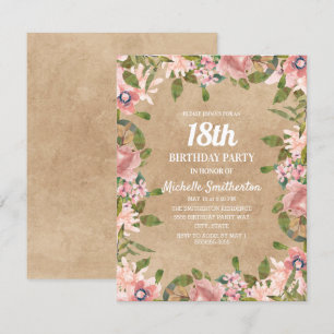 Convite Rustic Kraft Rosa Floral Aquarela 18º Aniversário