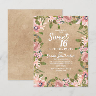 Convite Rustic Kraft Rosa Floral Aquarela Doze Anos