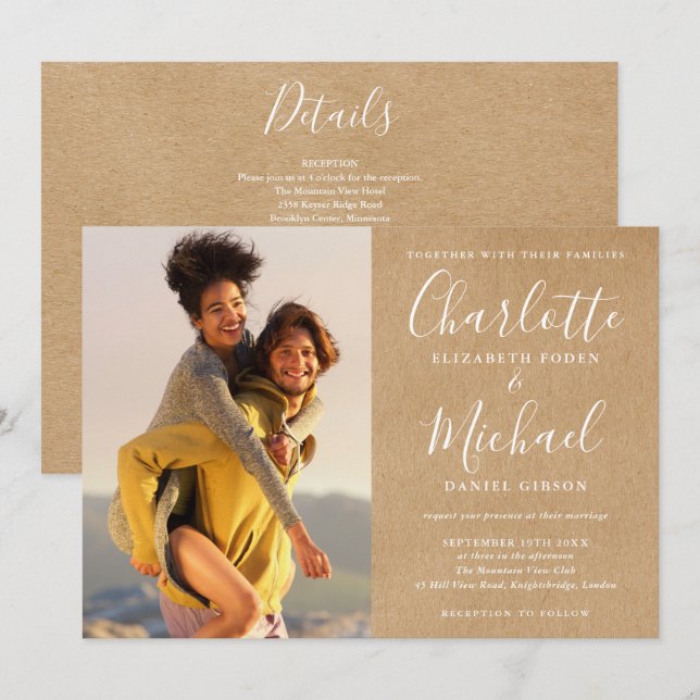Convite Rustic Kraft Script Foto Casamento Tudo Em Um (Frente/Verso)