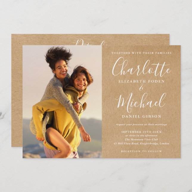 Convite Rustic Kraft Script Foto Casamento Tudo Em Um Únic (Frente/Verso)