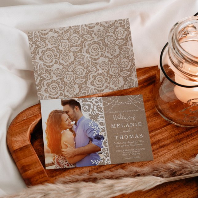 Convite Rustic Lace and Kraft Photo Weditation (Criador carregado)