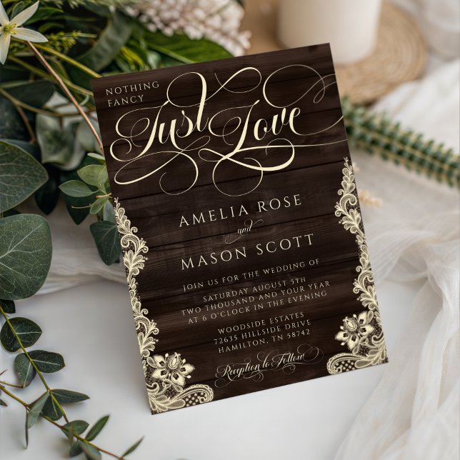 Convite Rustic Lace Dark Wood Just Love Script Wedding (Rustic Lace Dark Wood Nothing Fancy Just Love Script Wedding Invitation)