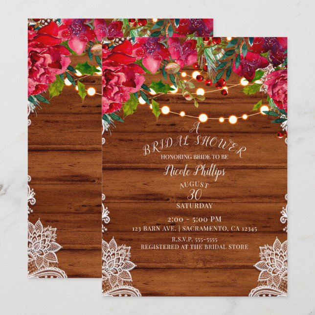 Convite Rustic Lace e Luzinhas de Natal Chá de Noiva (Frente/Verso)
