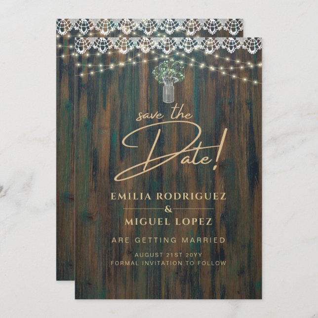 Convite Rustic Lace Gypsophila Luzes Mason Jar Weding (Frente/Verso)