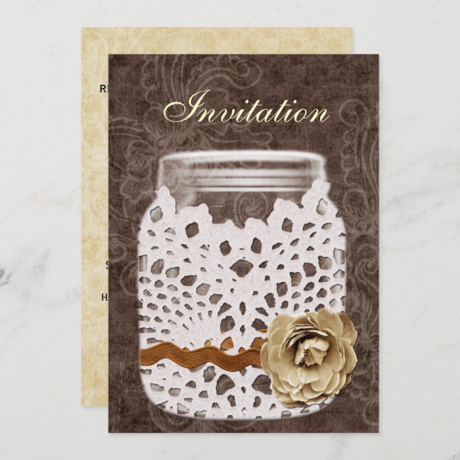 Convite Rustic Lace Invadiu Casamento Mason Jar (Frente/Verso)