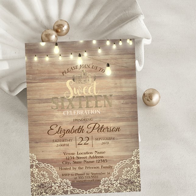 Convite Rustic Lace,Luzes,Tiara,Festa Sweet 16 (Criador carregado)