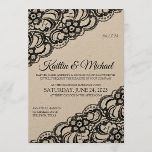Convite Rustic Lace Weding   Preto em Kraft