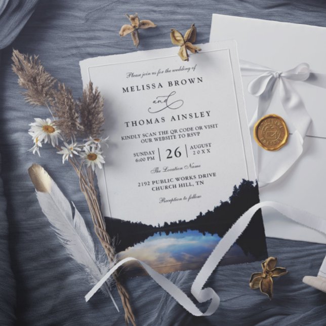 Convite Rustic Lake Reflections Lakeside QR Code Wedding (Criador carregado)