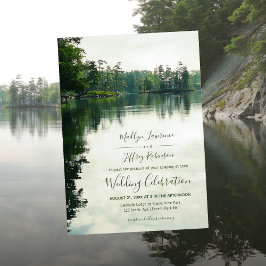 Convite Rustic lakeside evergreens reflection wedding
