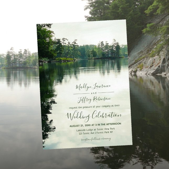 Convite Rustic lakeside evergreens reflection wedding (Criador carregado)