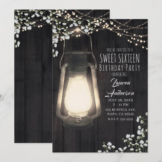 Convite Rustic Lantern Baby's Breath Lights Sweet 16 Party (Frente/Verso)