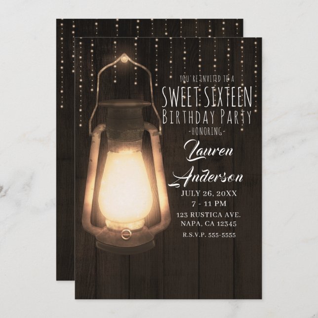 Convite Rustic Lantern & Lights Brown Wood Sweet 16 Party (Frente/Verso)