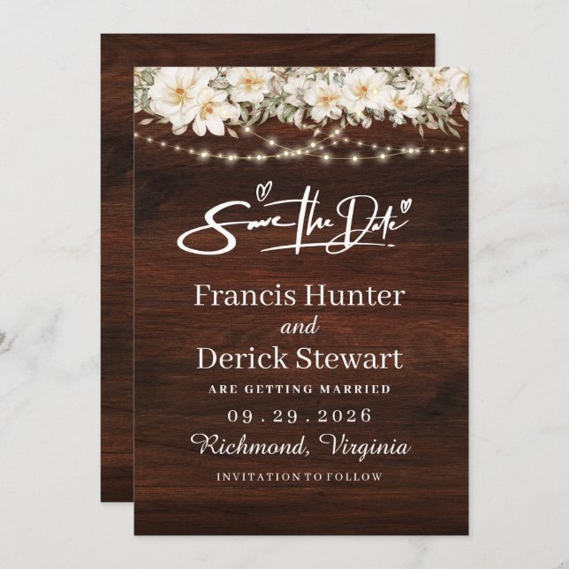 Convite Rustic Leaf String Ilumina Madeira Salvar Data (Frente/Verso)