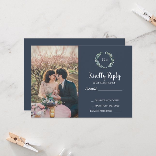 Convite Rustic leaves on wood monogram photo RSVP Wedding (Frente/Verso In Situ)