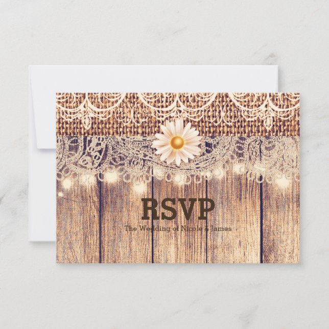 Convite Rustic Lighted Mason Jars Daisies & Lace RSVP Card (Frente)