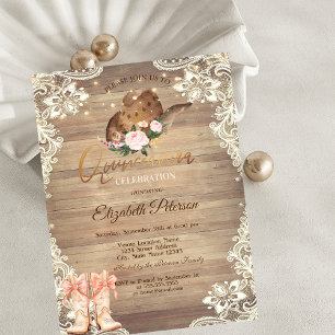 Convite Rustic Lights Lace Cowboy Hat Boots Quinceañera