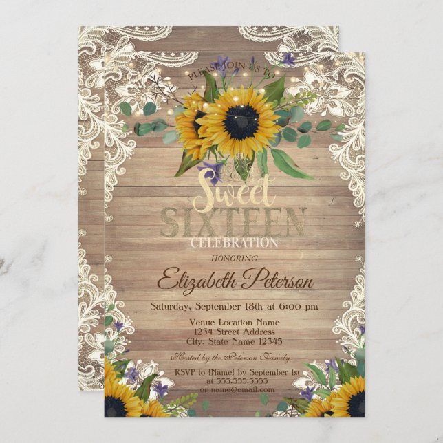Convite Rustic Lights,Lace Sunflowers Sweet 16 Party (Frente/Verso)