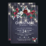Convite Rustic Lights Winter Floral Christmas Jantar Party<br><div class="desc">Tradicional rústico e elegante inverno floral modelo de convite de festas de Natal floral no escuro meio-noite marinho azul-quadro apresentando buquês vermelho de burgundy e de pénia branca com ramos sazonais de pinheiro verde, bagos vermelhos e folhagem e cordas de luzes cintilantes. O convite é adequado para as festas sazonais...</div>
