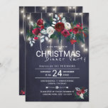 Convite Rustic Lights Winter Floral Christmas Jantar Party<br><div class="desc">Tradicional rústico e elegante inverno floral modelo de convite de festas de Natal floral no escuro meio-noite marinho azul-quadro apresentando buquês vermelho de burgundy e de pénia branca com ramos sazonais de pinheiro verde, bagos vermelhos e folhagem e cordas de luzes cintilantes. O convite é adequado para as festas sazonais...</div>