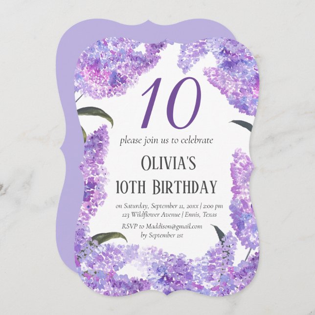 Convite Rustic Lilac 10th Birthday (Frente/Verso)