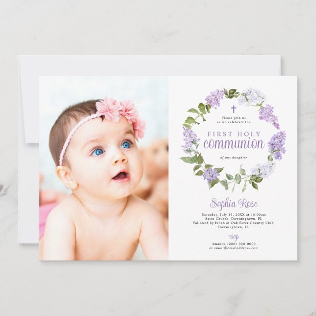 Convite Rustic Lilac Flowers Photo First Holy Communion (Frente)