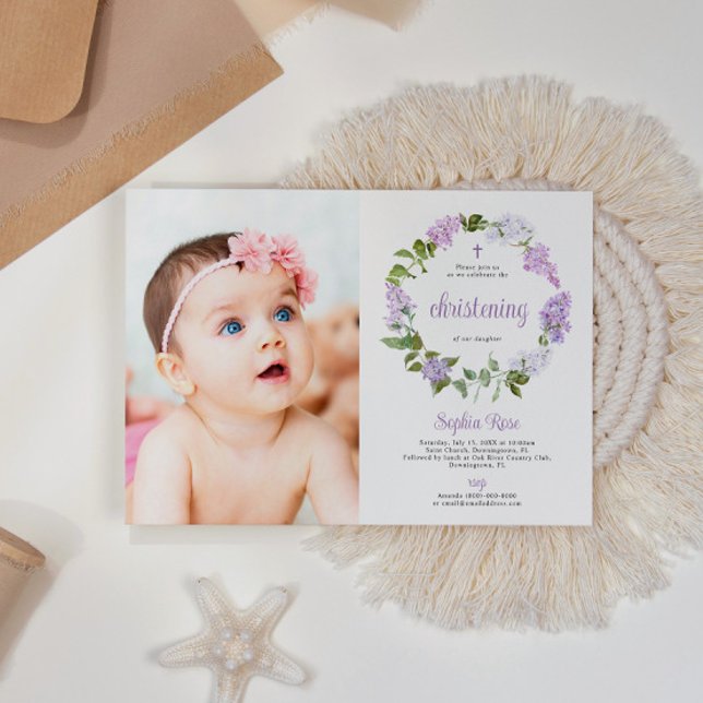 Convite Rustic Lilac Flowers Photo Girl Christening (Criador carregado)