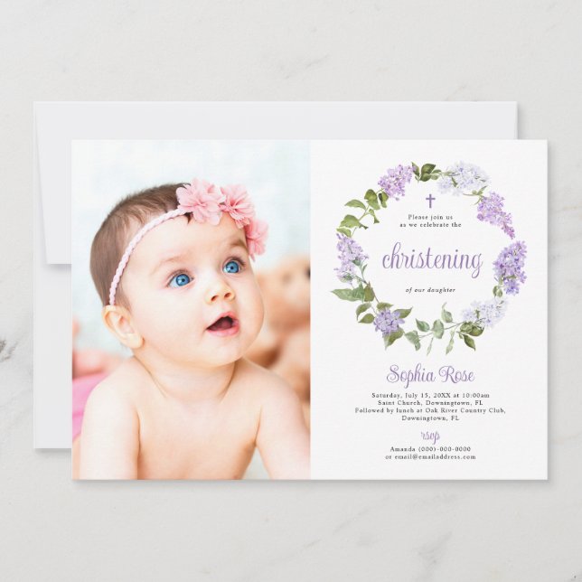 Convite Rustic Lilac Flowers Photo Girl Christening (Frente)