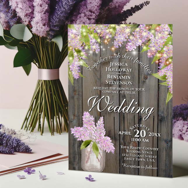 Convite Rustic Lilacs com Luzes no Casamento de Madeira do (Criador carregado)
