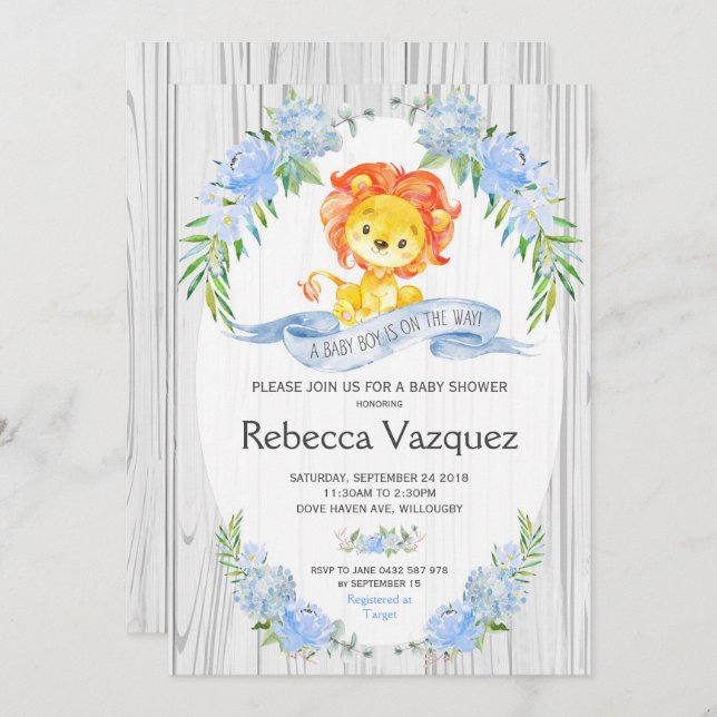 Convite Rustic Lion Blue Floral Baby Shower Invants (Frente/Verso)