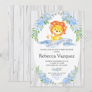 Convite Rustic Lion Blue Floral Baby Shower Invants
