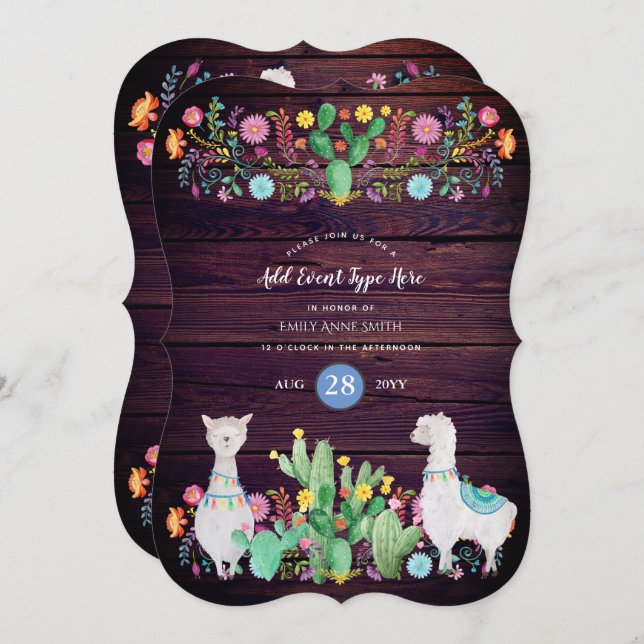 Convite Rustic Llama Watercolor Folheou EVENTOS (Frente/Verso)