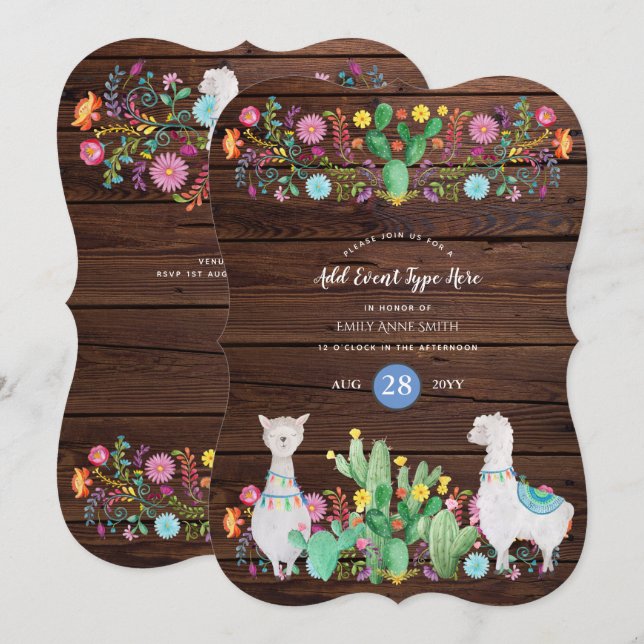 Convite Rustic Llama Watercolor Folheou EVENTOS (Frente/Verso)