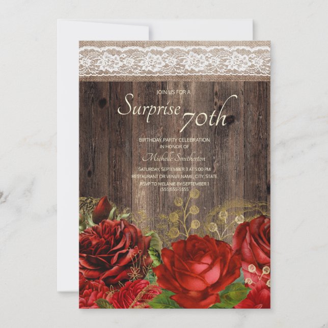 Convite Rustic Madeira Vermelho Dourado Flores Burel Surpr (Frente)