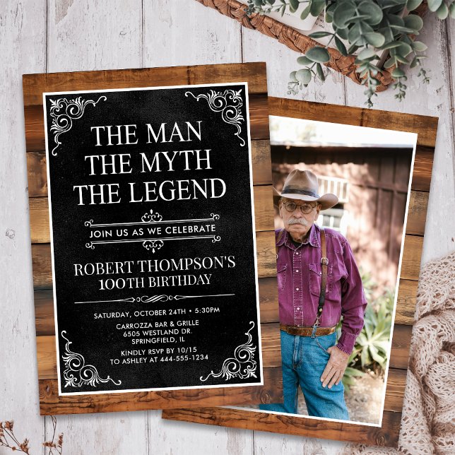 Convite Rustic Man Myth Legend Foto 100th Birthday (Criador carregado)