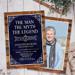 Convite Rustic Man Myth Legend Foto 60th Birthday<br><div class="desc">Ele É O Homem O Mito A LENDA! Sua vida tem sido uma aventura incrível e é hora de celebrar seu legado e ele. Este livro azul de marinho, apoiado em madeira rústica, com tipo branco e cantos brancos percorridos 60º Aniversário é perfeito para convidar amigos e família a se...</div>