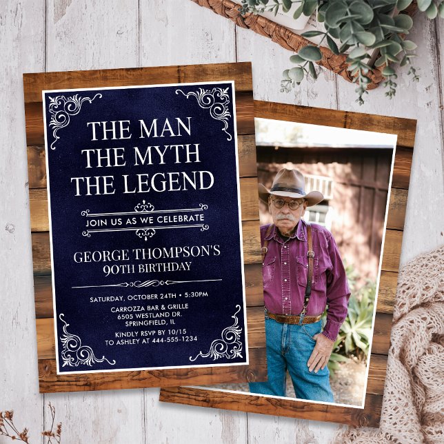 Convite Rustic Man Myth Legend Photo 90 Birthday (Criador carregado)