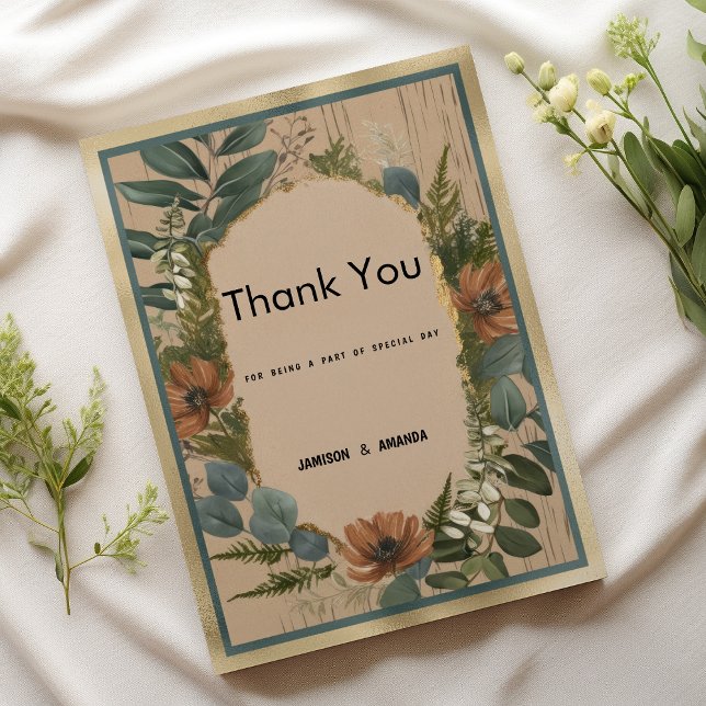Convite Rustic marrom gold hort floral Obrigado (Rustic brown orange gold mint floral Thank You )