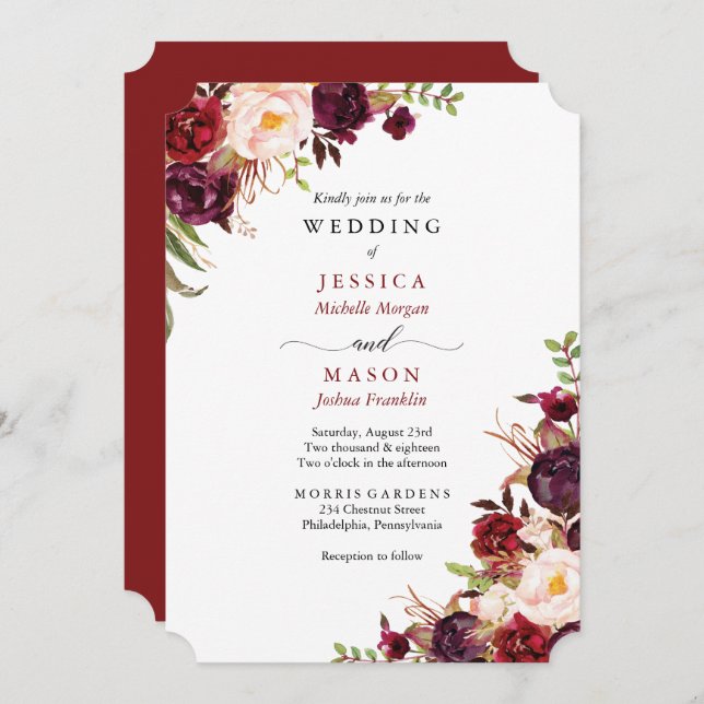 Convite Rustic Marsala Burgundy Para Casamento (Frente/Verso)