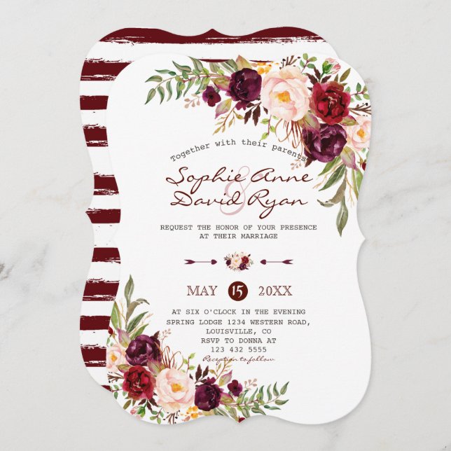 Convite Rustic Marsala Floral Burgundy Casamento (Frente/Verso)
