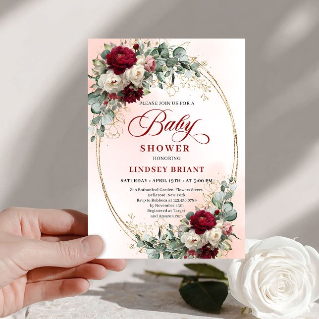 Convite Rustic Marsala Floral Gold Baby Shower Invitation (Rustic Marsala Floral Gold Baby Shower Invitation)