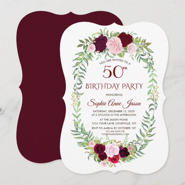 Convite Rustic Marsala Floral Wreath 50º Aniversário (Frente/Verso)