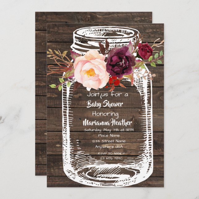 Convite Rustic Mason Jar Boho Floral Marsala Chá de fralda (Frente/Verso)
