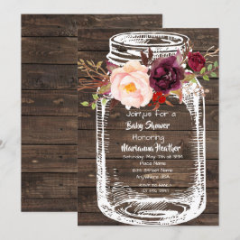 Convite Rustic Mason Jar Boho Floral Marsala Chá de fralda