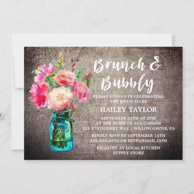 Convite Rustic Mason Jar com Flores Brunch e Bubble (Frente)