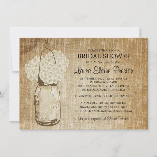 Convite Rustic Mason Jar e Hydrangeas (Frente)