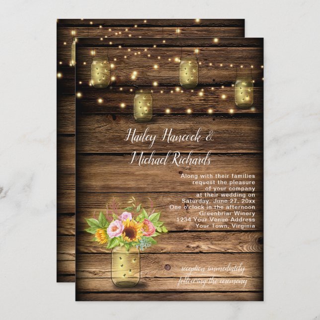 Convite Rustic Mason Jar Fireflies Sunflower String Light (Frente/Verso)